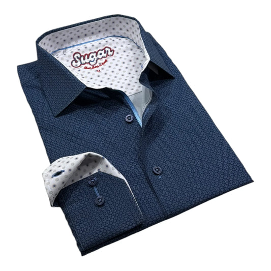 Blue patterned dress shirt with white collar inner lining on a white background
