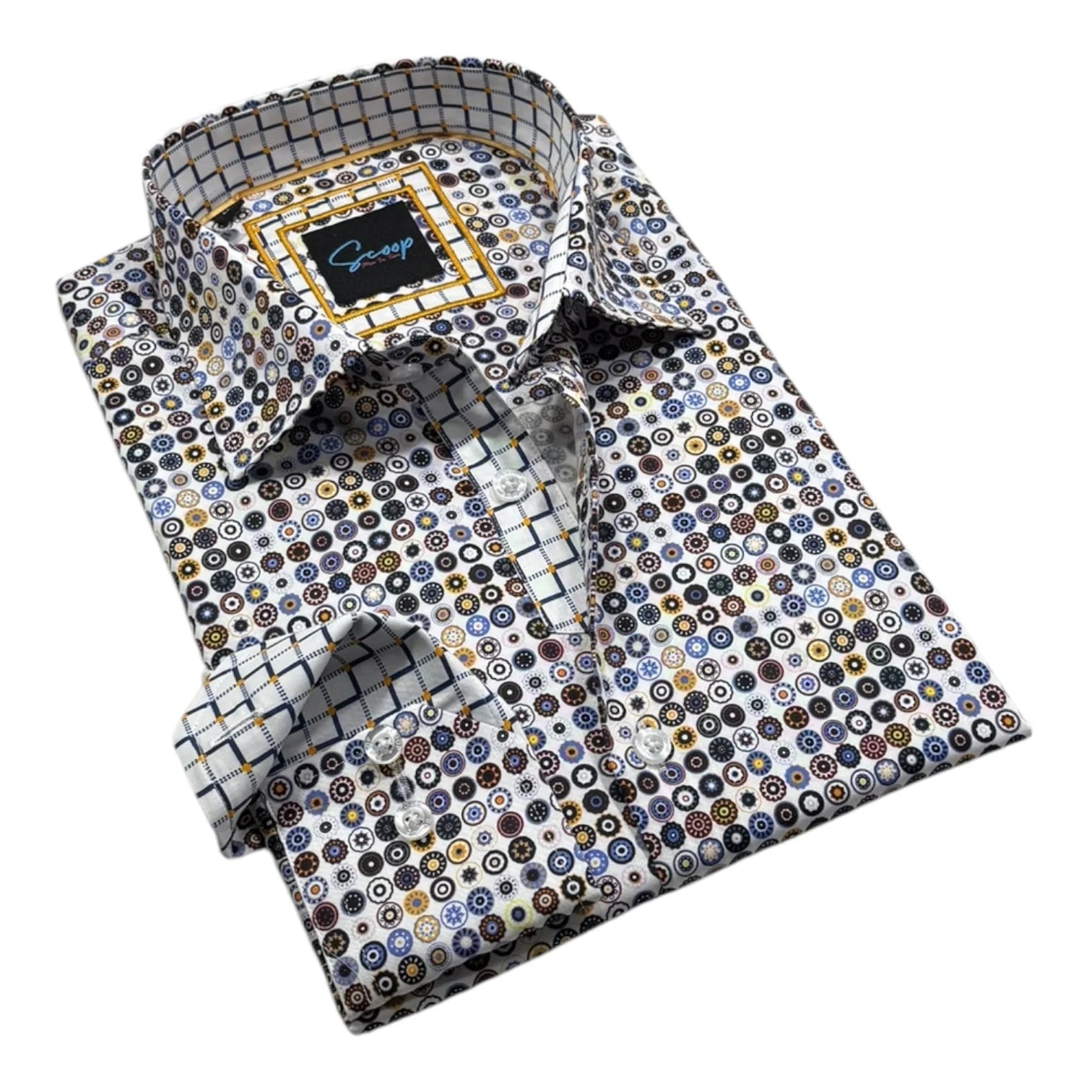 Patterned dress shirt with a brand label on a white background
