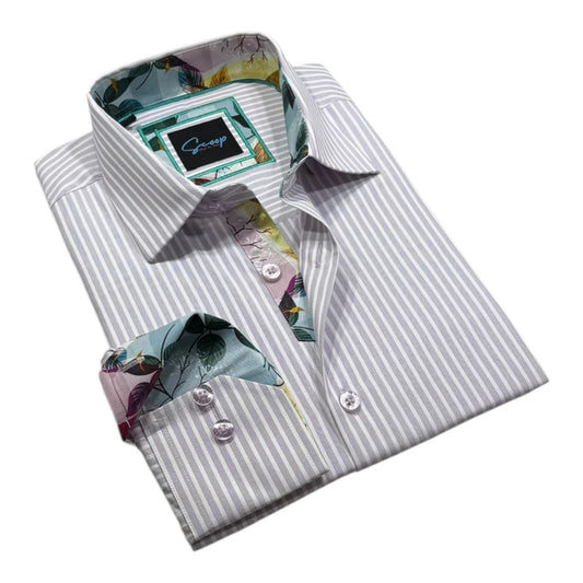 White dress shirt with gray stripes and floral cuffs on a white background