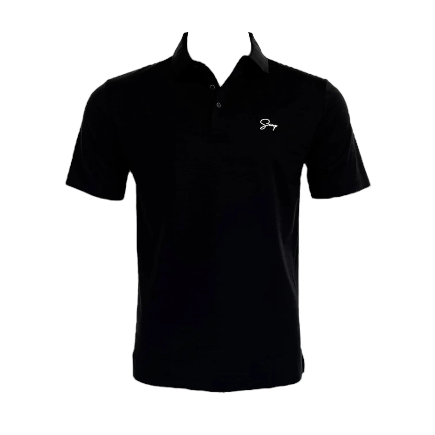 Black polo shirt with a logo on a white background