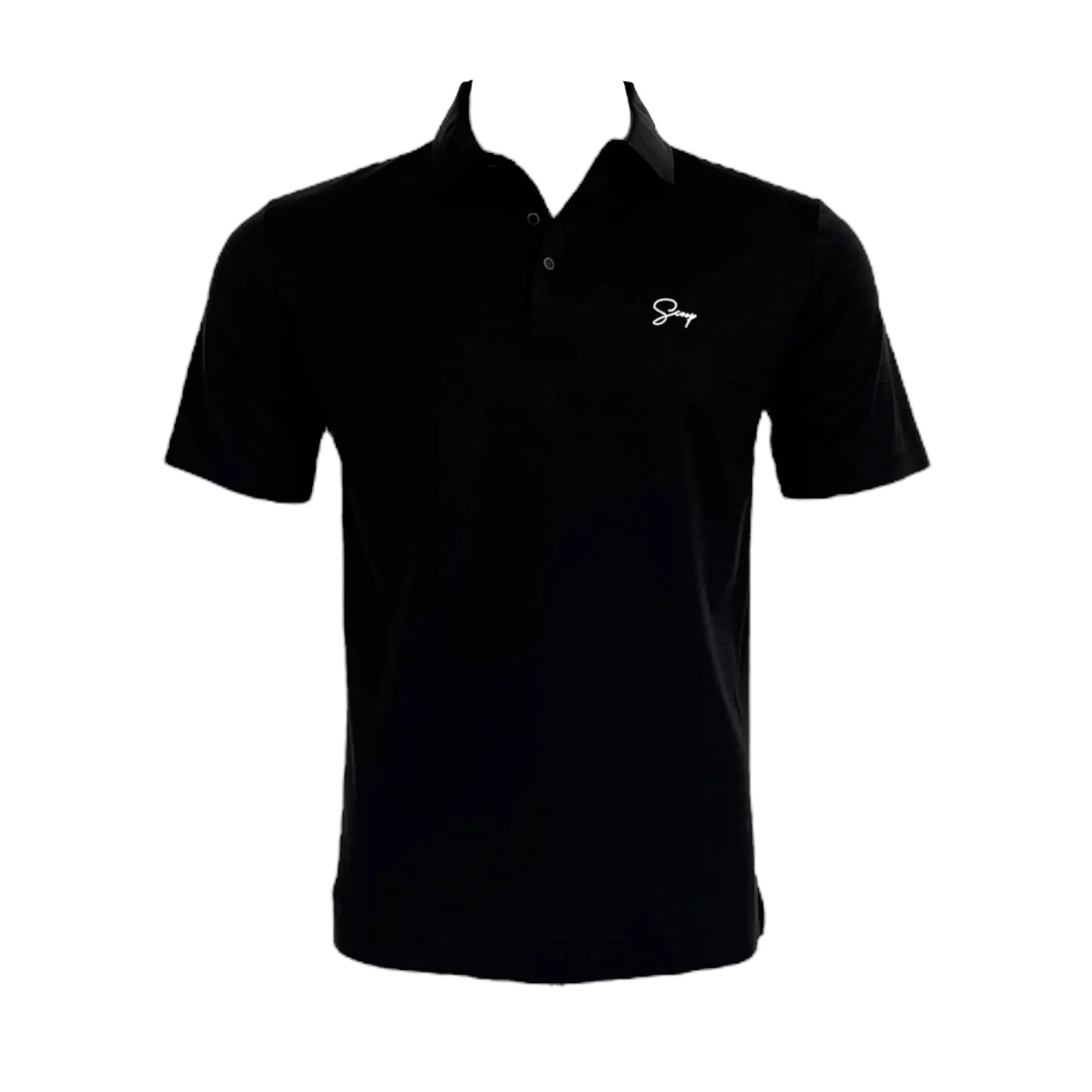 Black polo shirt with a logo on a white background