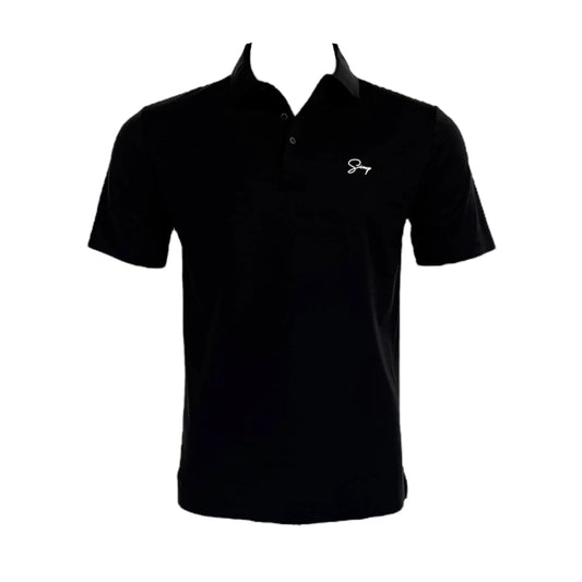 Black polo shirt with a logo on a white background
