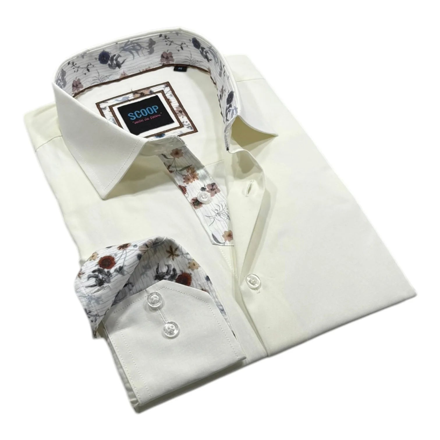 White dress shirt with floral cuffs and collar on a white background