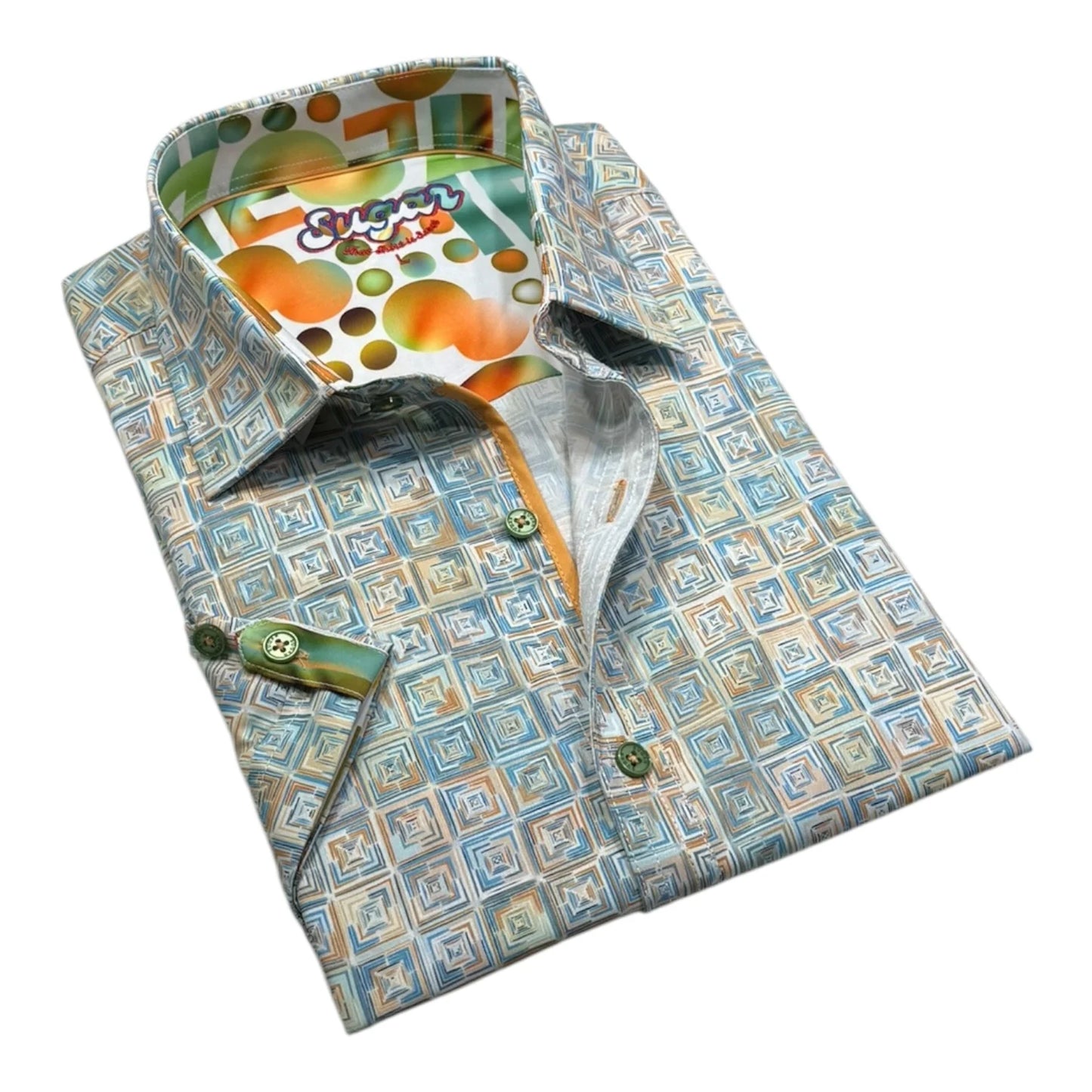 Folded shirt with geometric pattern and colorful collar on a white background