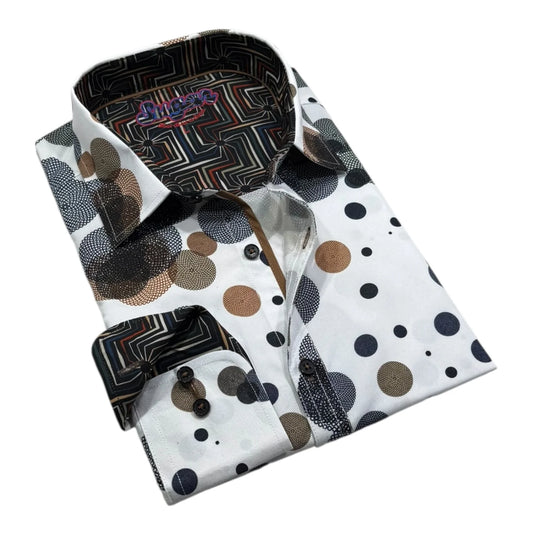 Folded dress shirt with geometric pattern on a white background