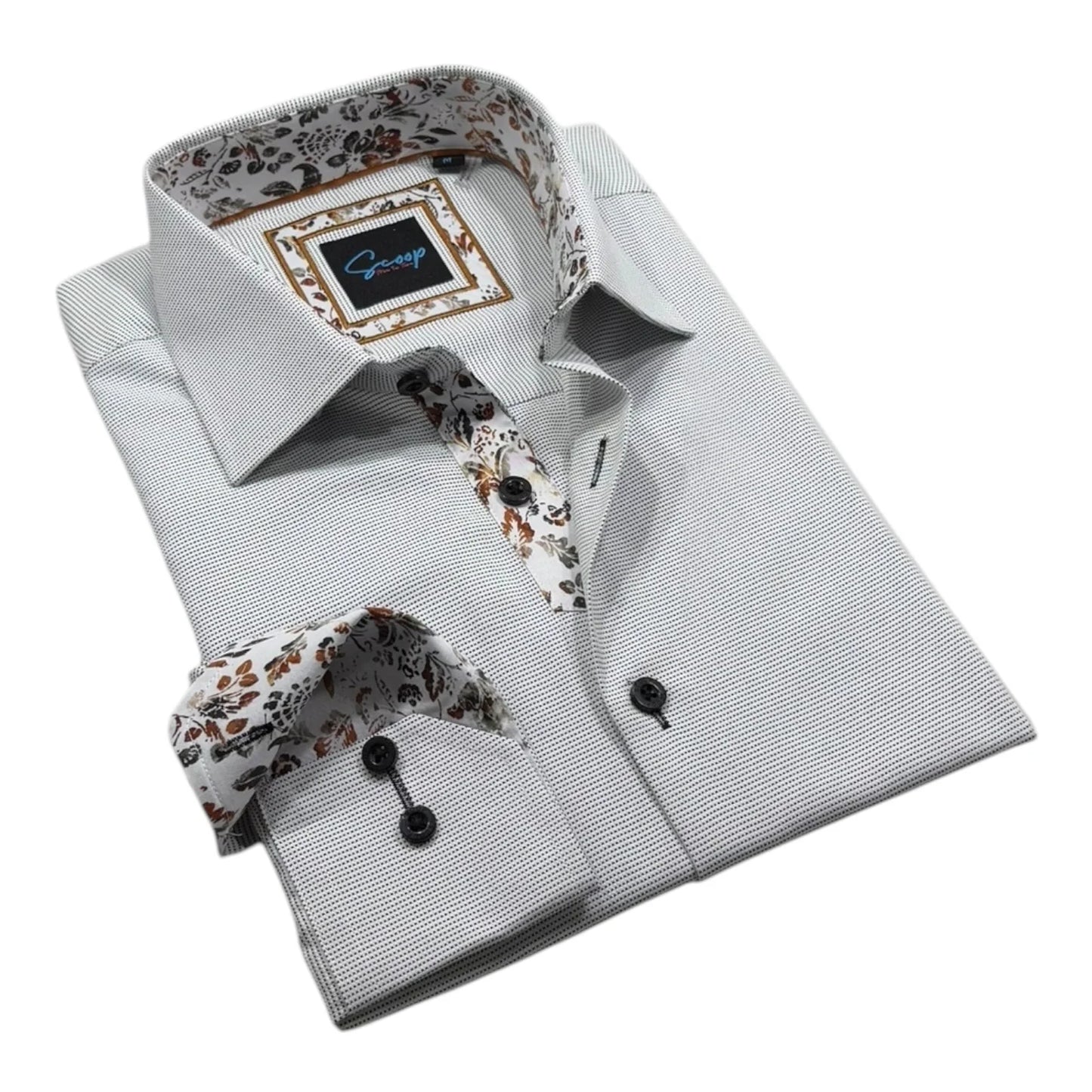 Folded gray dress shirt with floral accents on a white background