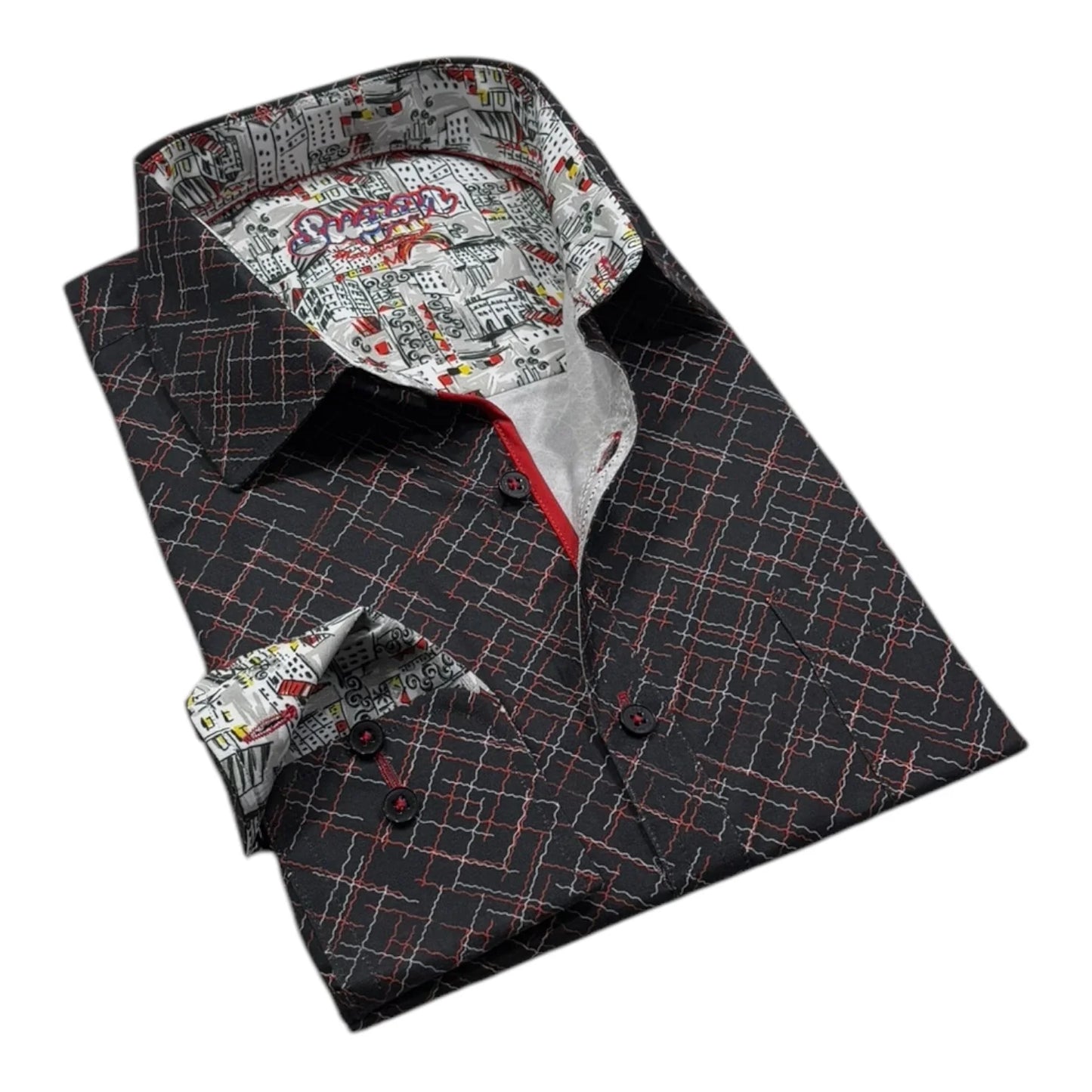 Folded shirt with geometric pattern and colorful inner lining on a white background