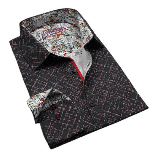 Folded shirt with geometric pattern and colorful inner lining on a white background