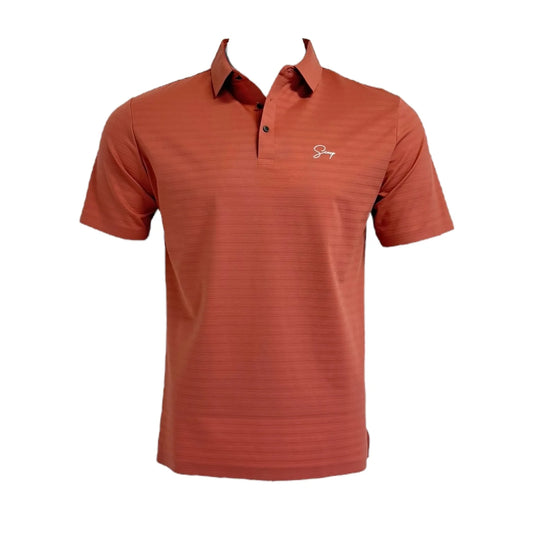 Orange polo shirt with a logo on a white background