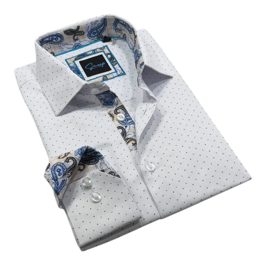 White dress shirt with blue and black patterned details on a white background