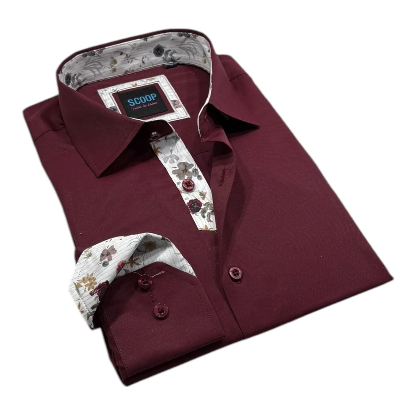 Folded maroon shirt with floral lining on a white background