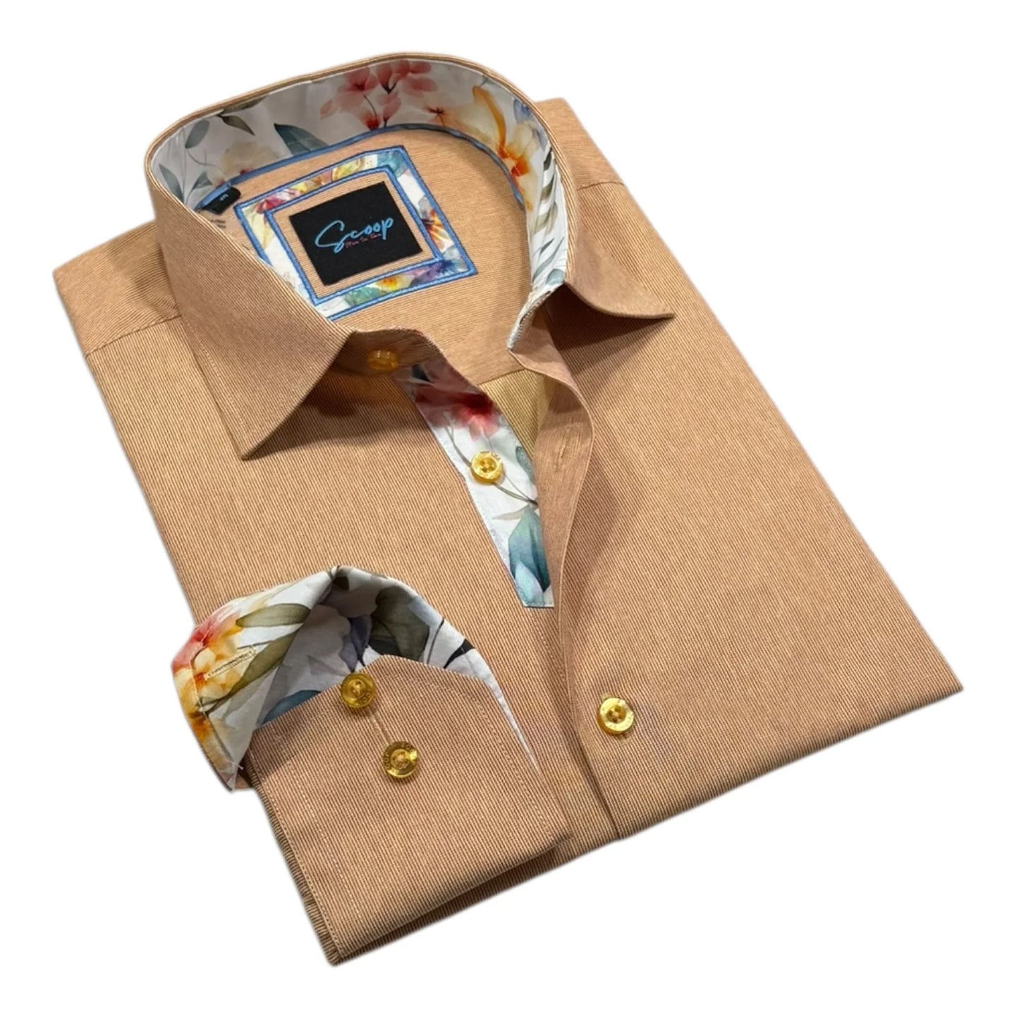 Beige dress shirt with floral cuffs and collar on a white background