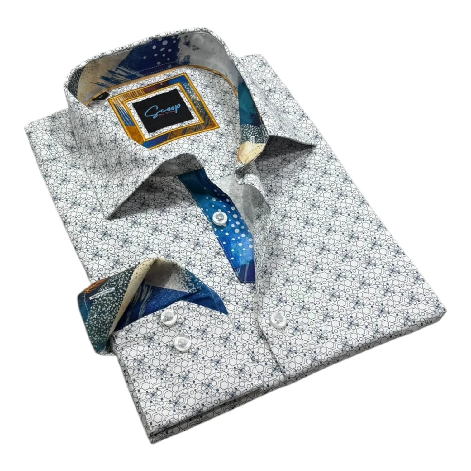 Folded dress shirt with a pattern and brand label on a white background