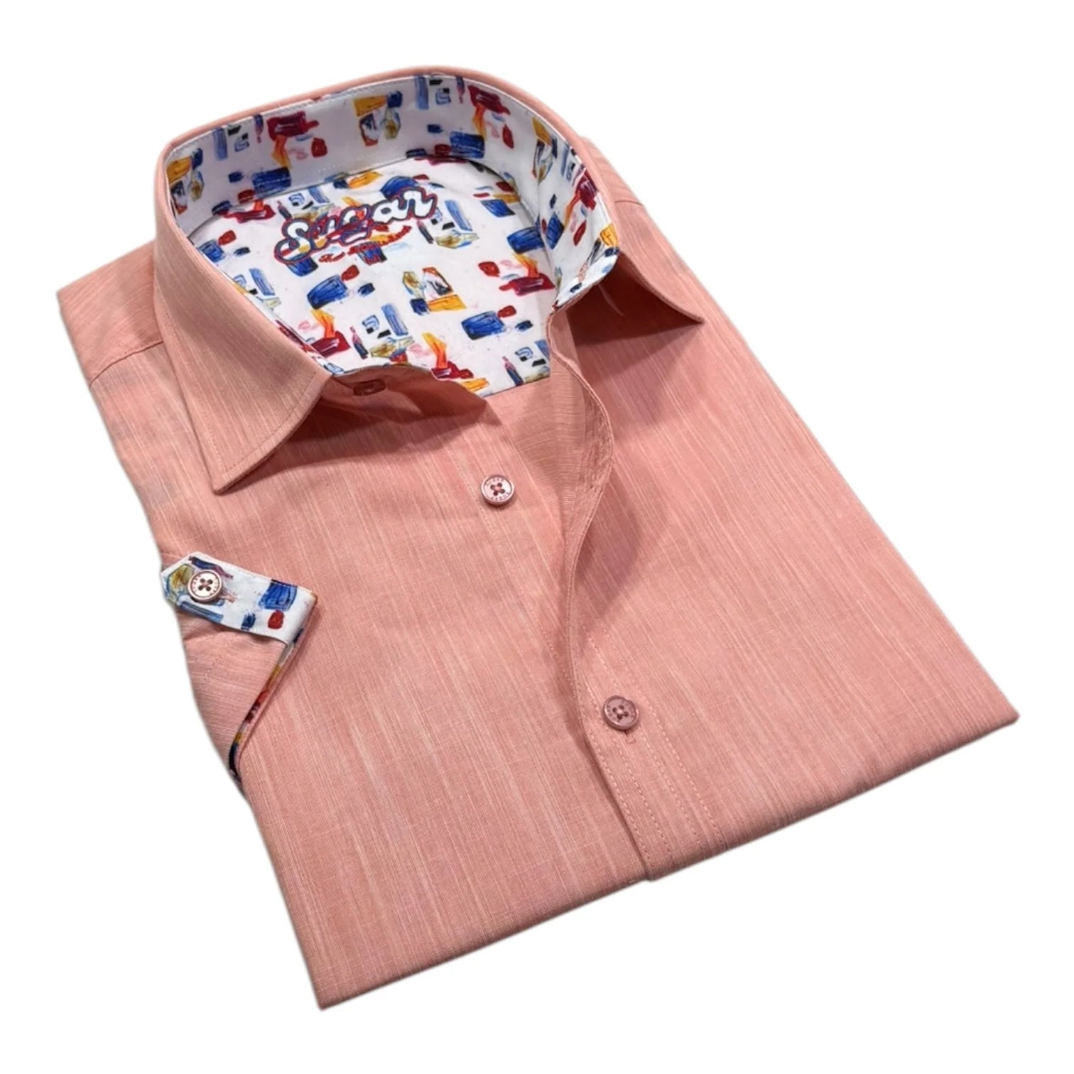 Pink shirt with colorful inner lining on a white background