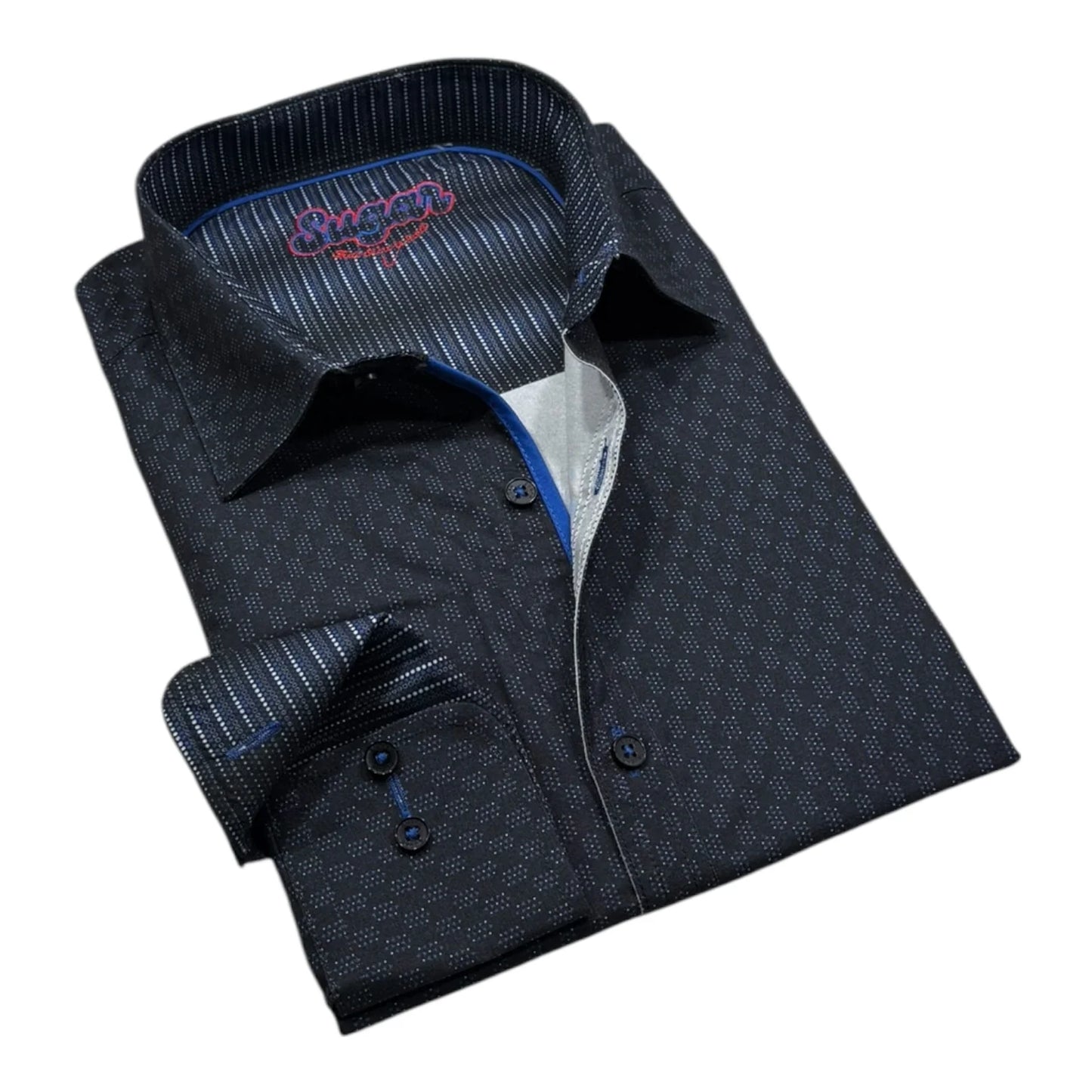Folded dark gray dress shirt with blue interior on a white background