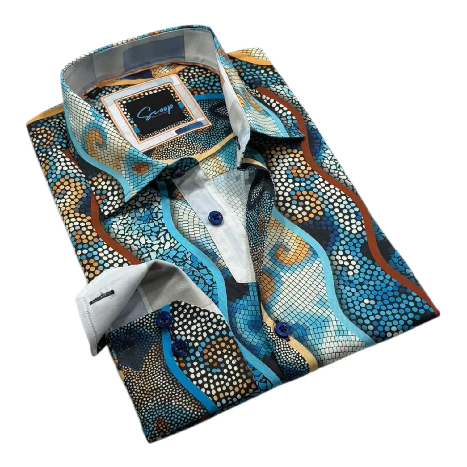Patterned dress shirt with a visible brand label on a white background