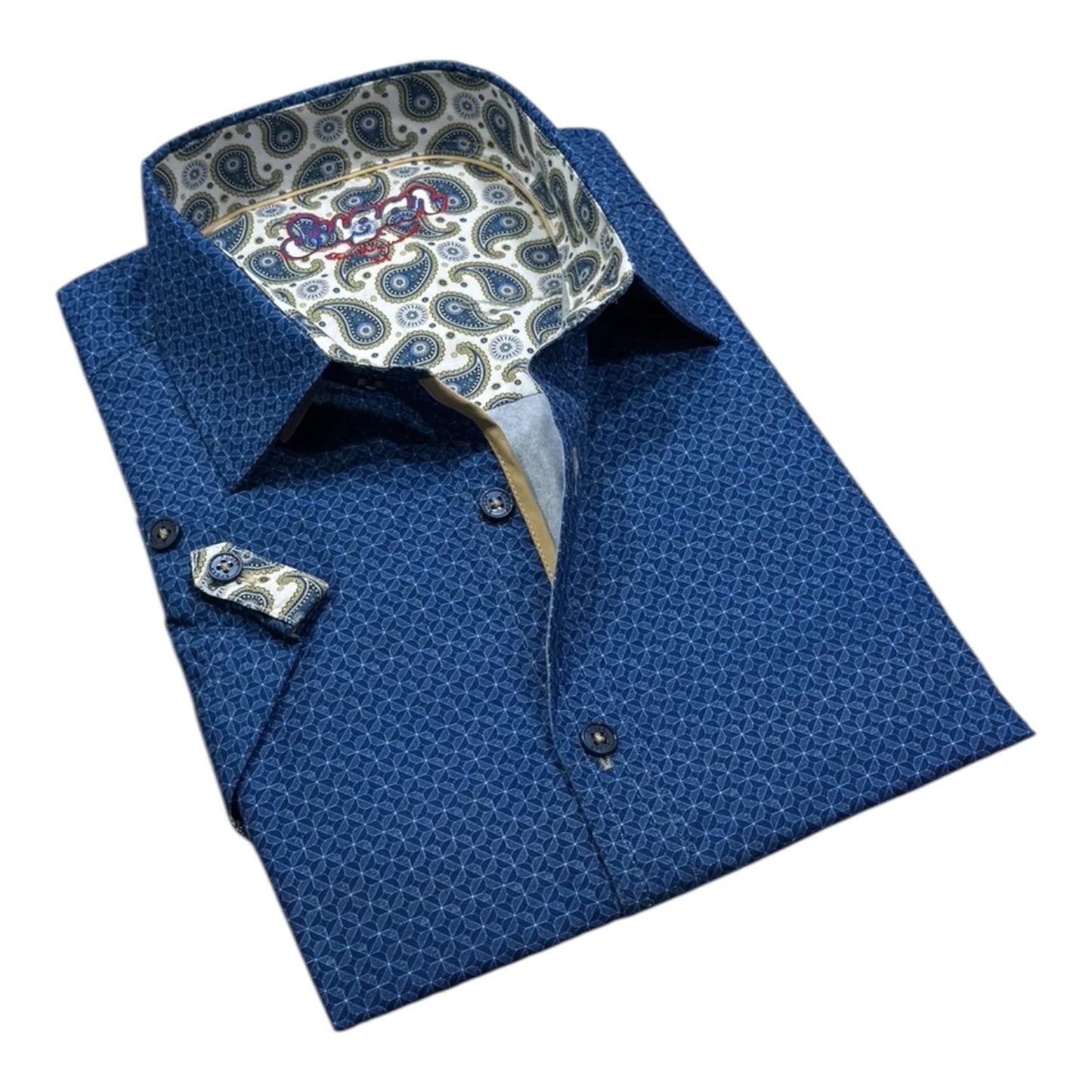 Blue patterned shirt with a decorative pocket square on a white background