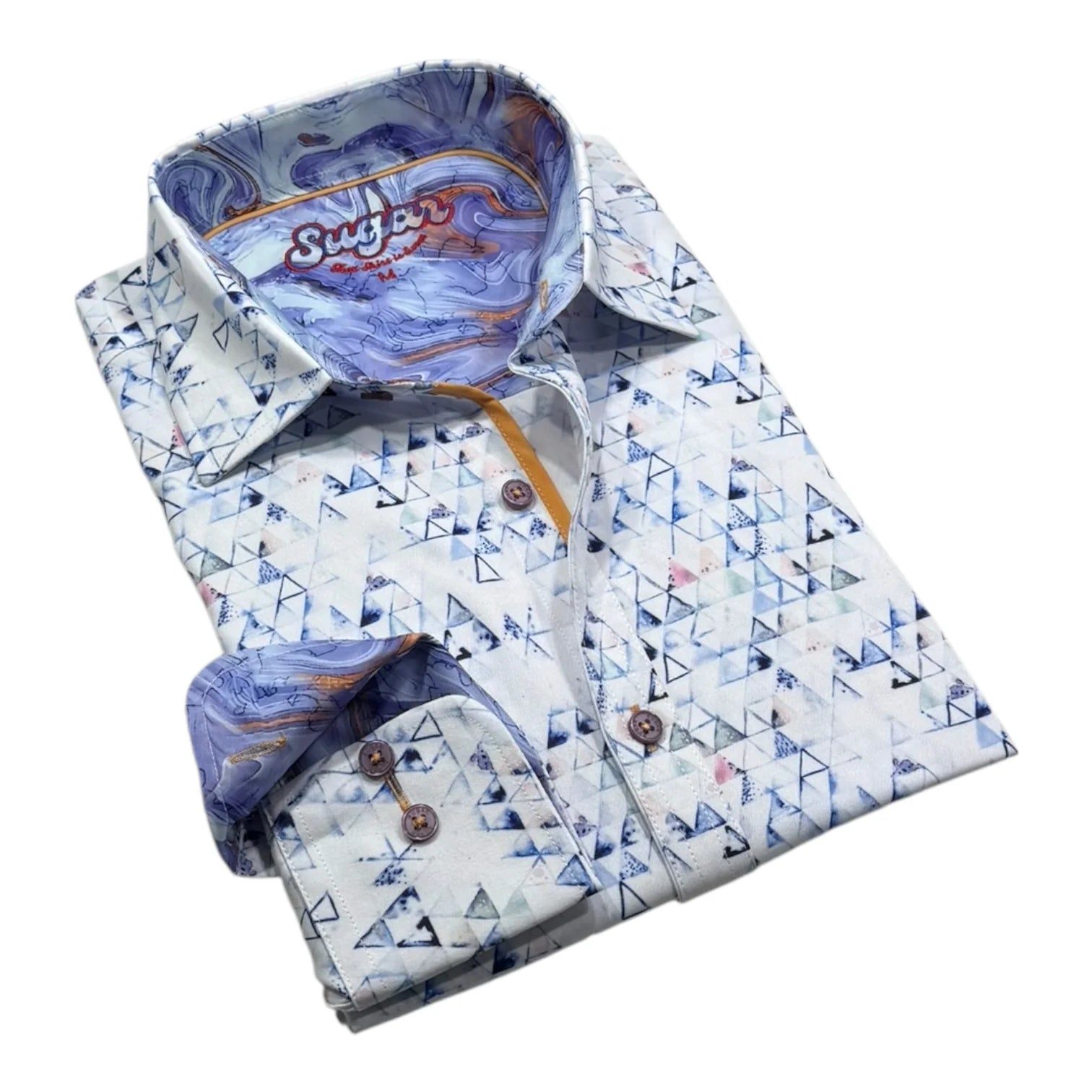 Folded shirt with geometric pattern and visible brand logo on a white background