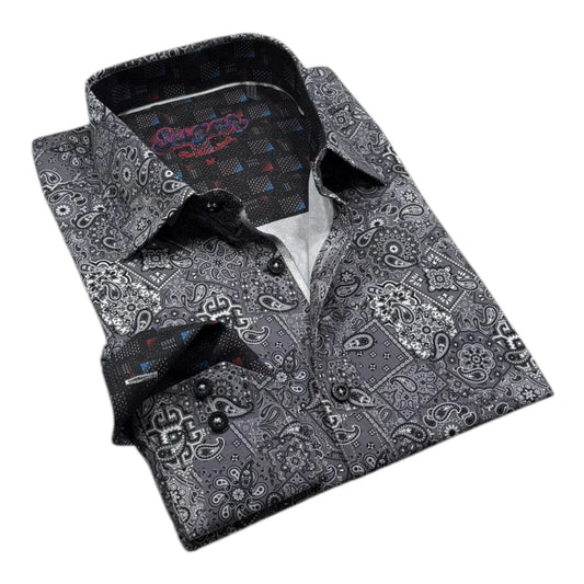 Folded gray patterned shirt with a brand logo on a white background