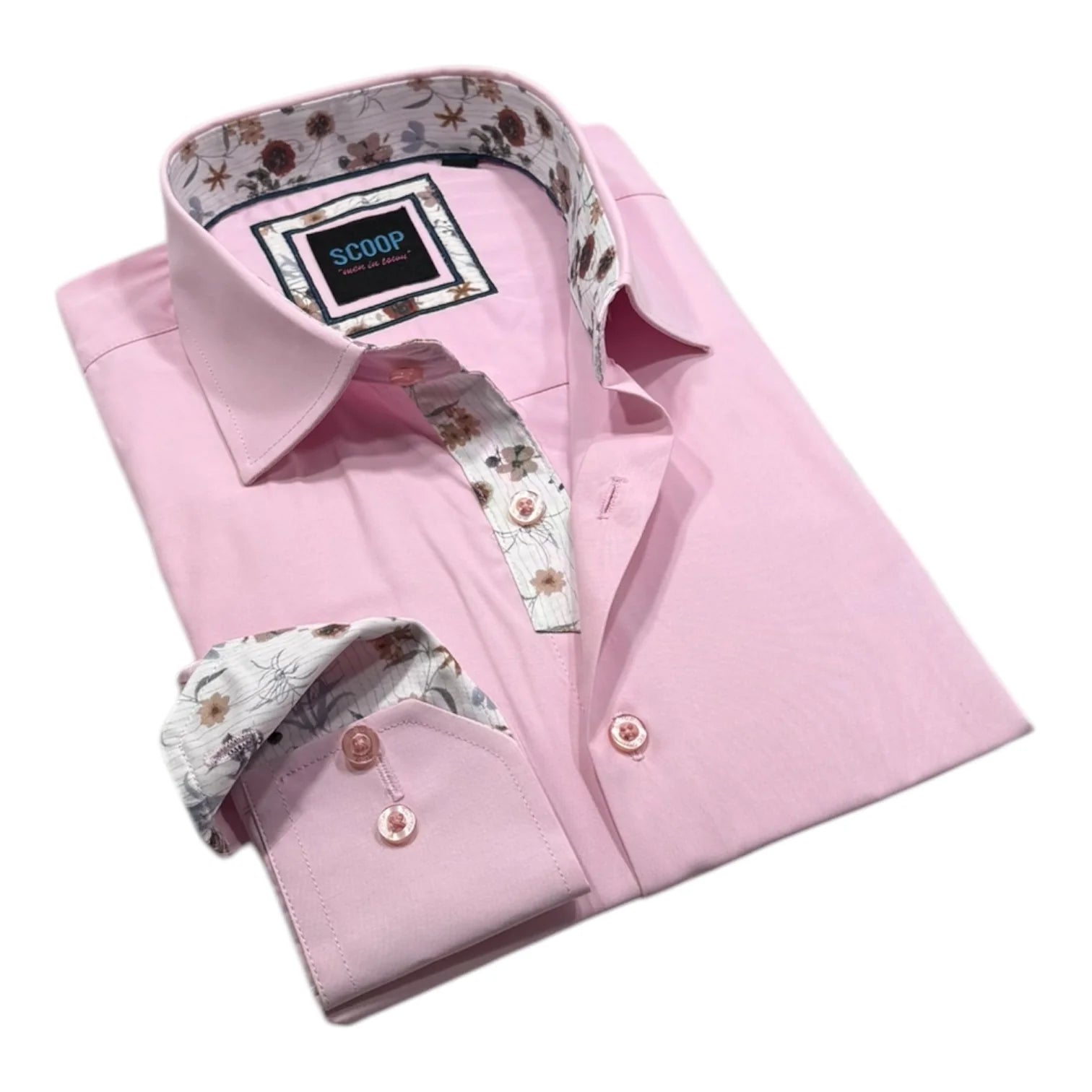 Pink dress shirt with floral trim on a white background