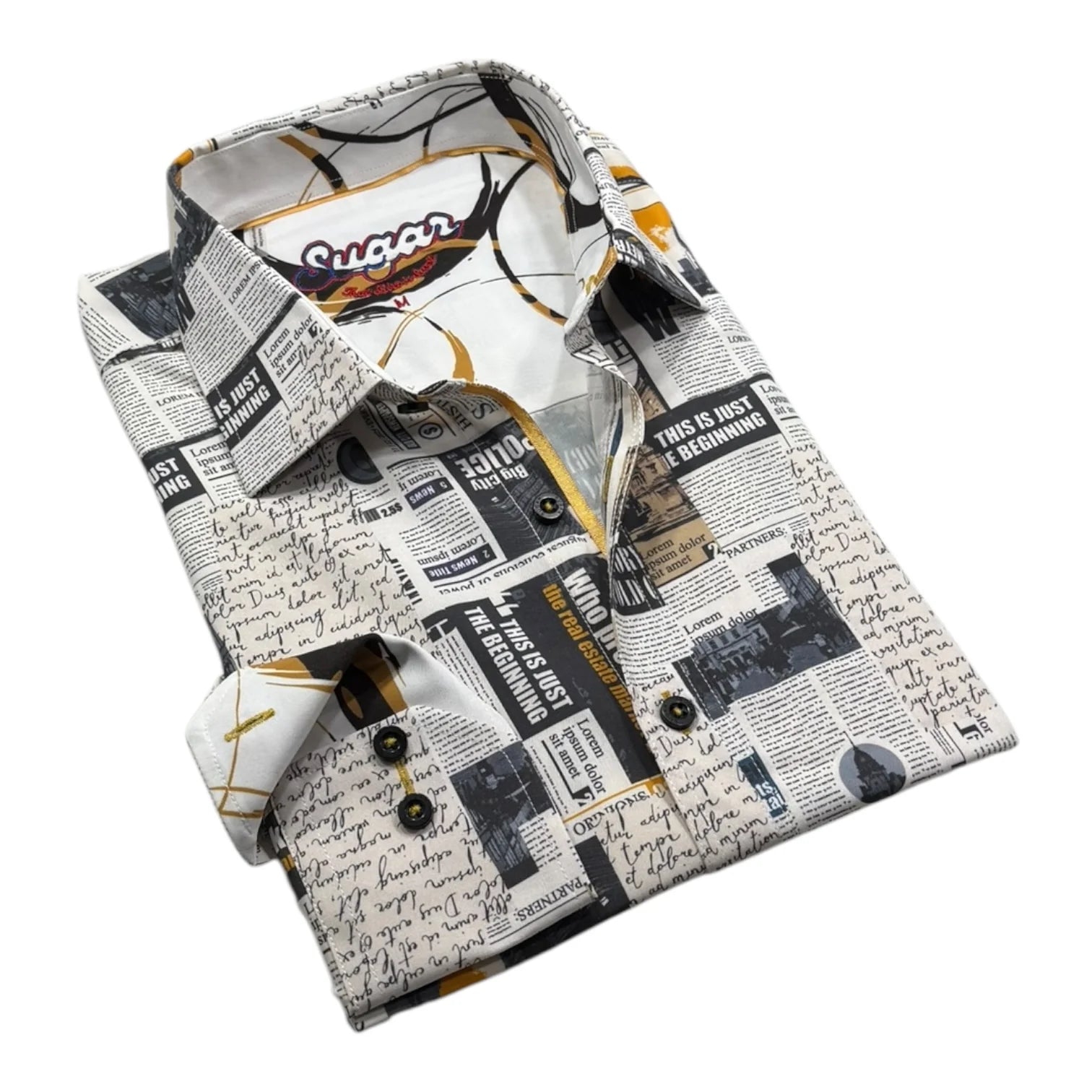 Folded shirt with newspaper print on a white background