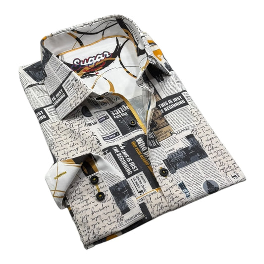 Folded shirt with newspaper print on a white background