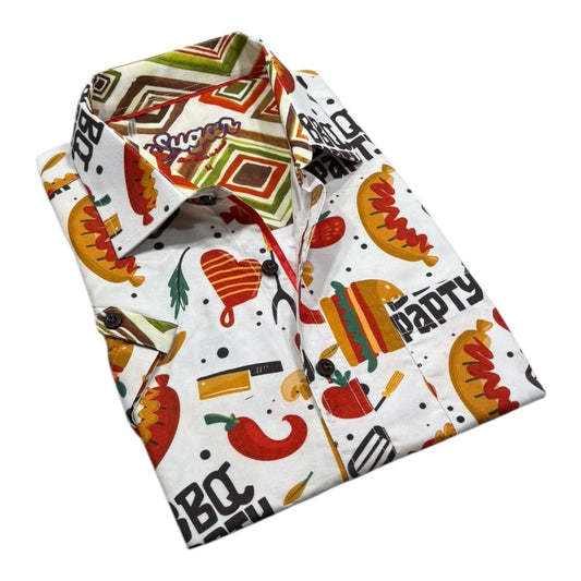 Folded shirt with colorful barbecue-themed pattern on a white background