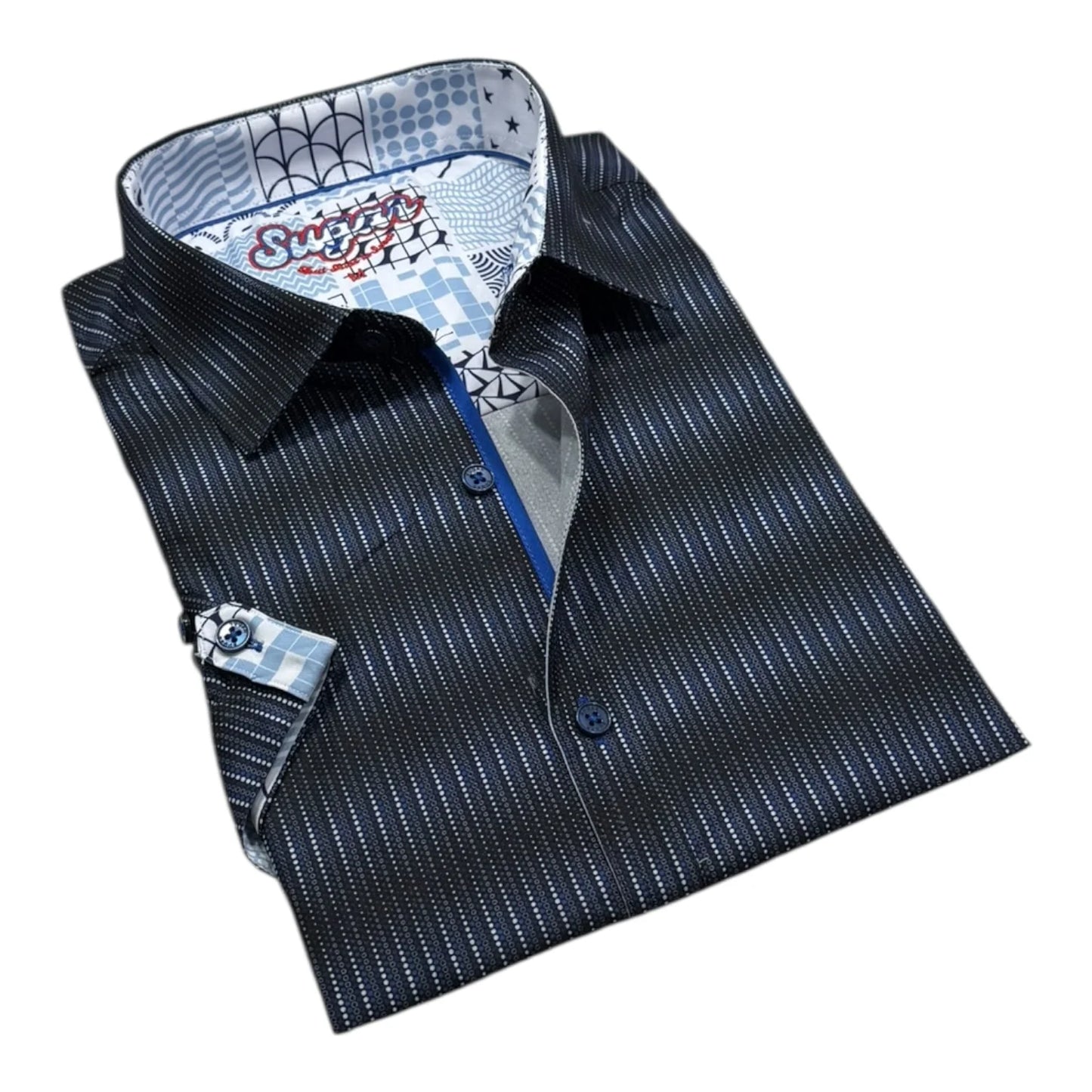 Black striped dress shirt with patterned inner lining on a white background
