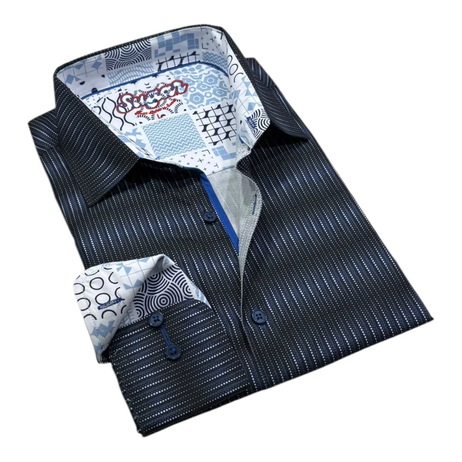 Folded navy pinstripe shirt with patterned lining on a white background