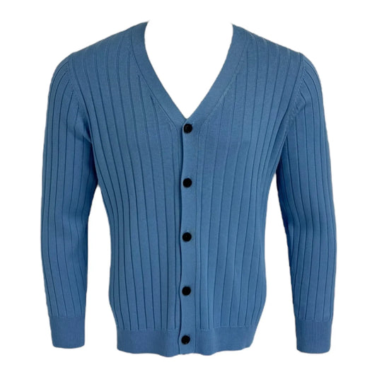 Blue cardigan with black buttons on a white background