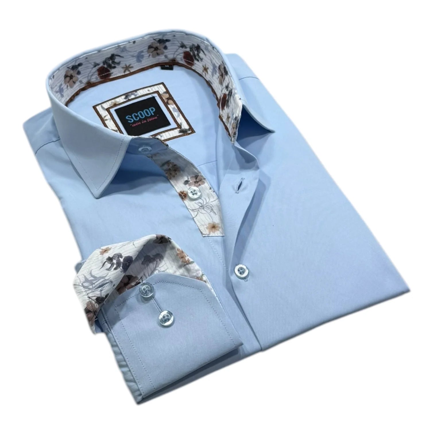 Light blue dress shirt with patterned trim and collar on a white background
