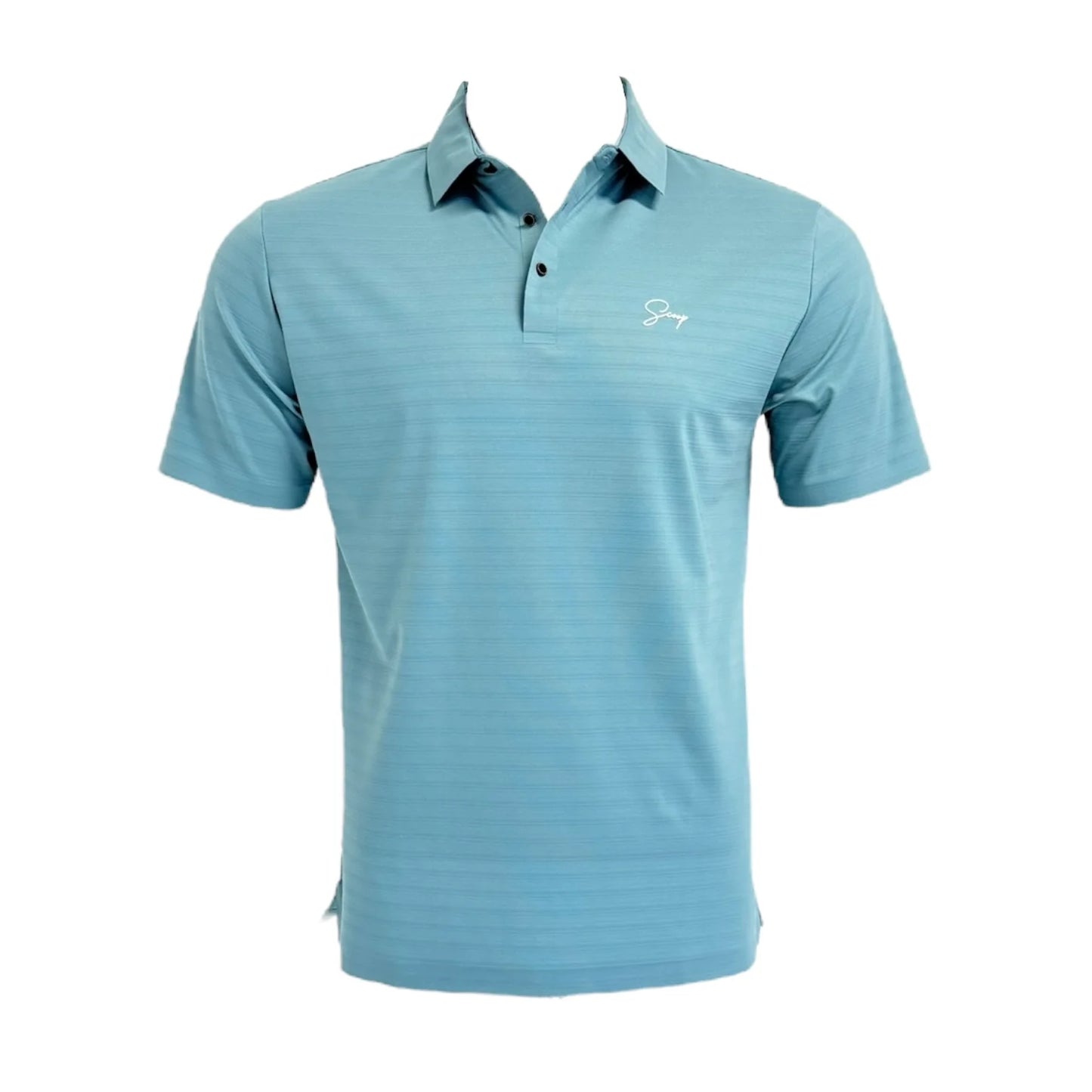 Light blue striped polo shirt with a small logo on a white background