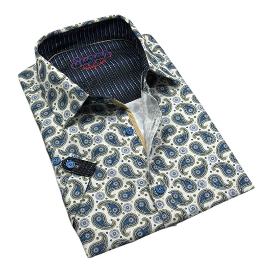 Folded shirt with paisley pattern and striped collar on a white background