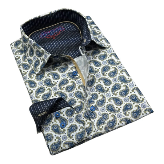 Folded shirt with paisley pattern on a white background