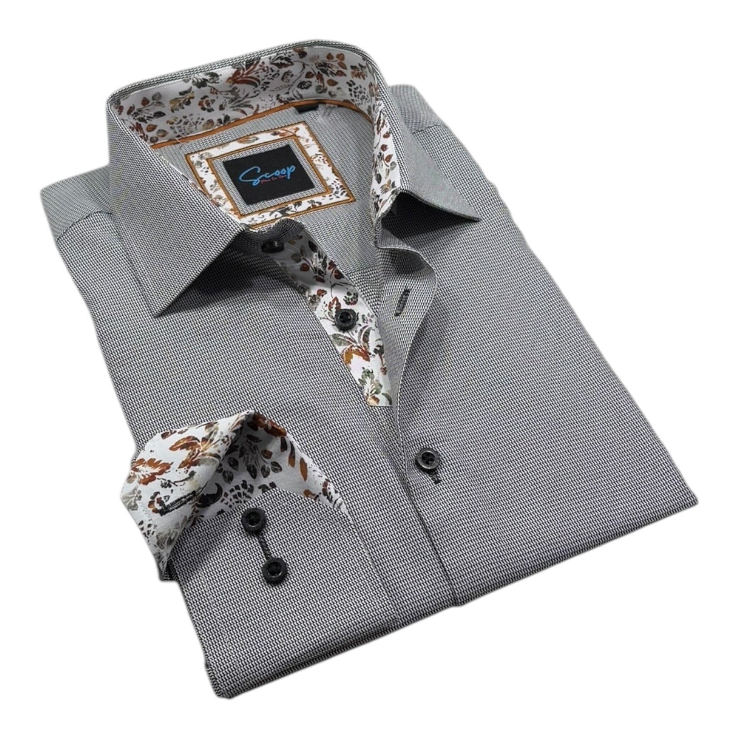 Grey dress shirt with floral inner lining and collar on a white background