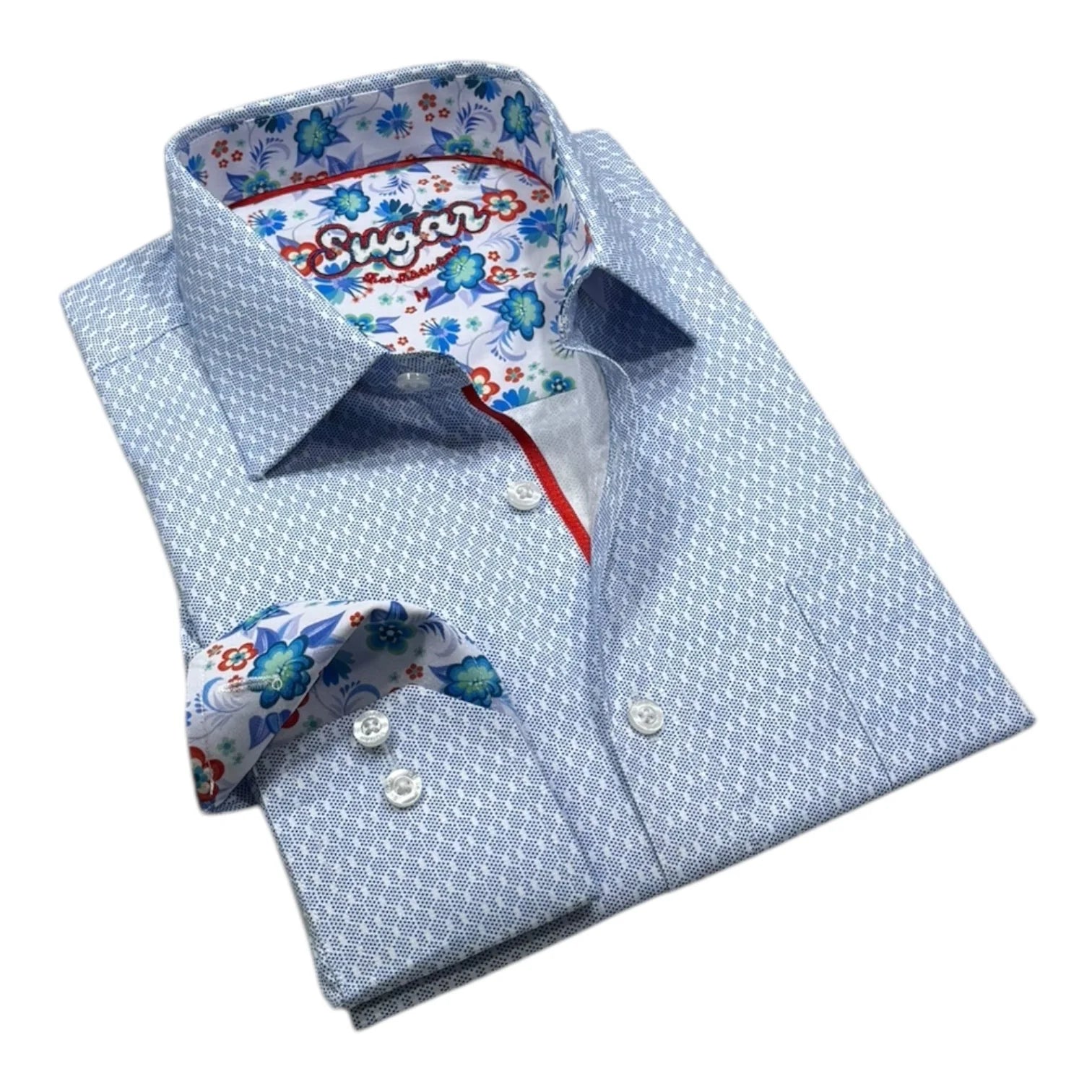 Blue patterned shirt with floral collar and 'Sugar' branding on a white background