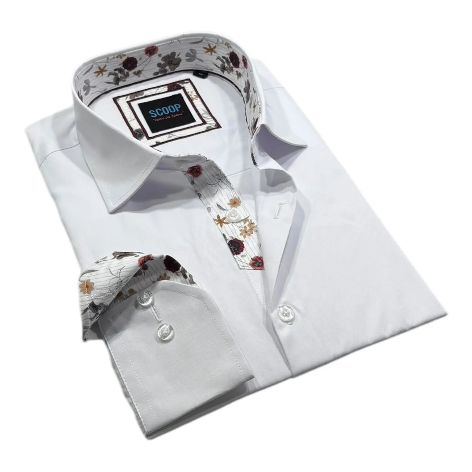 White dress shirt with floral patterned trim on a white background