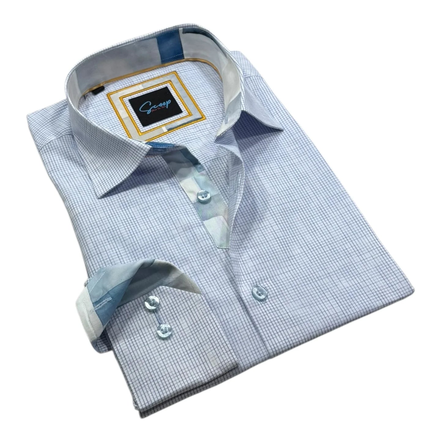 Folded dress shirt with a visible brand label on a white background