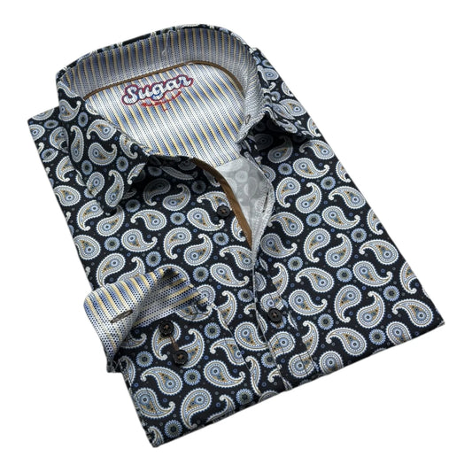 Folded paisley patterned shirt with 'Sugar' branding on a white background