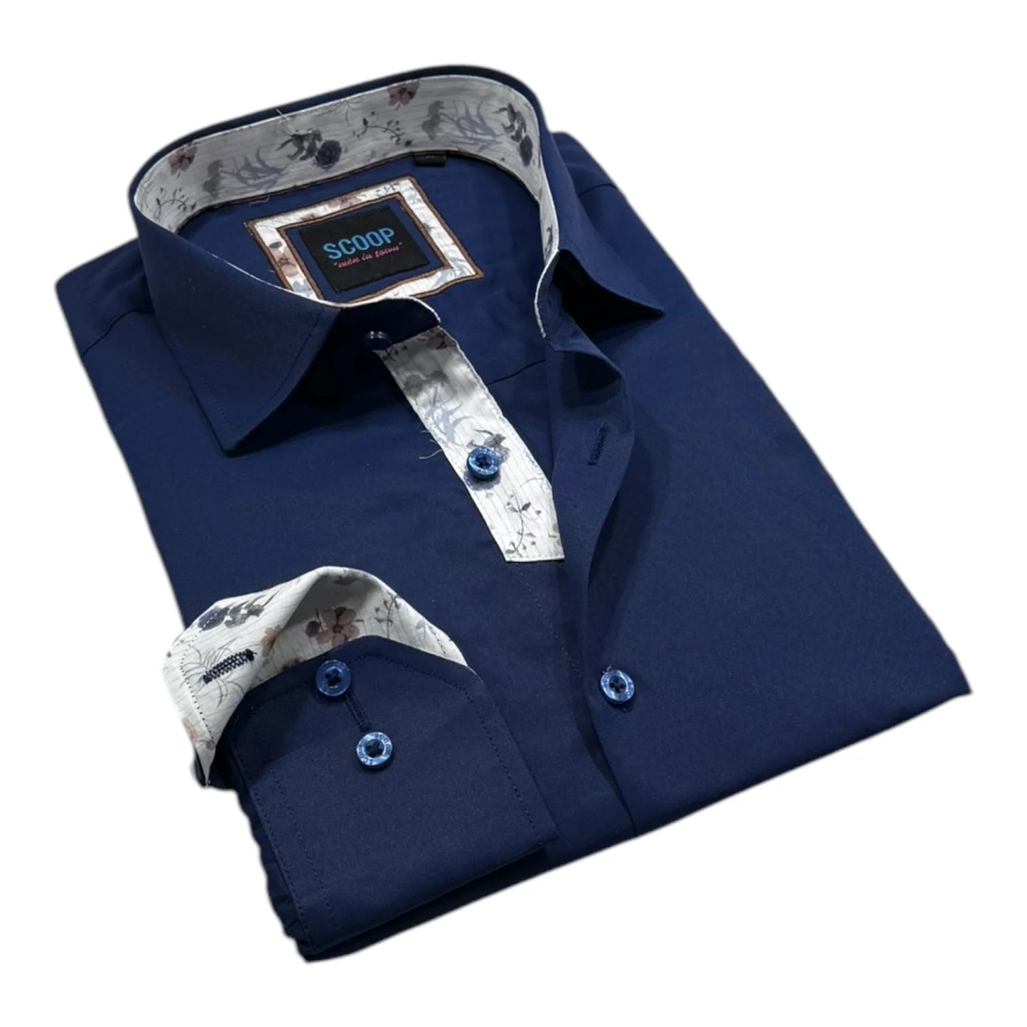 Folded navy blue shirt with floral inner lining on a white background