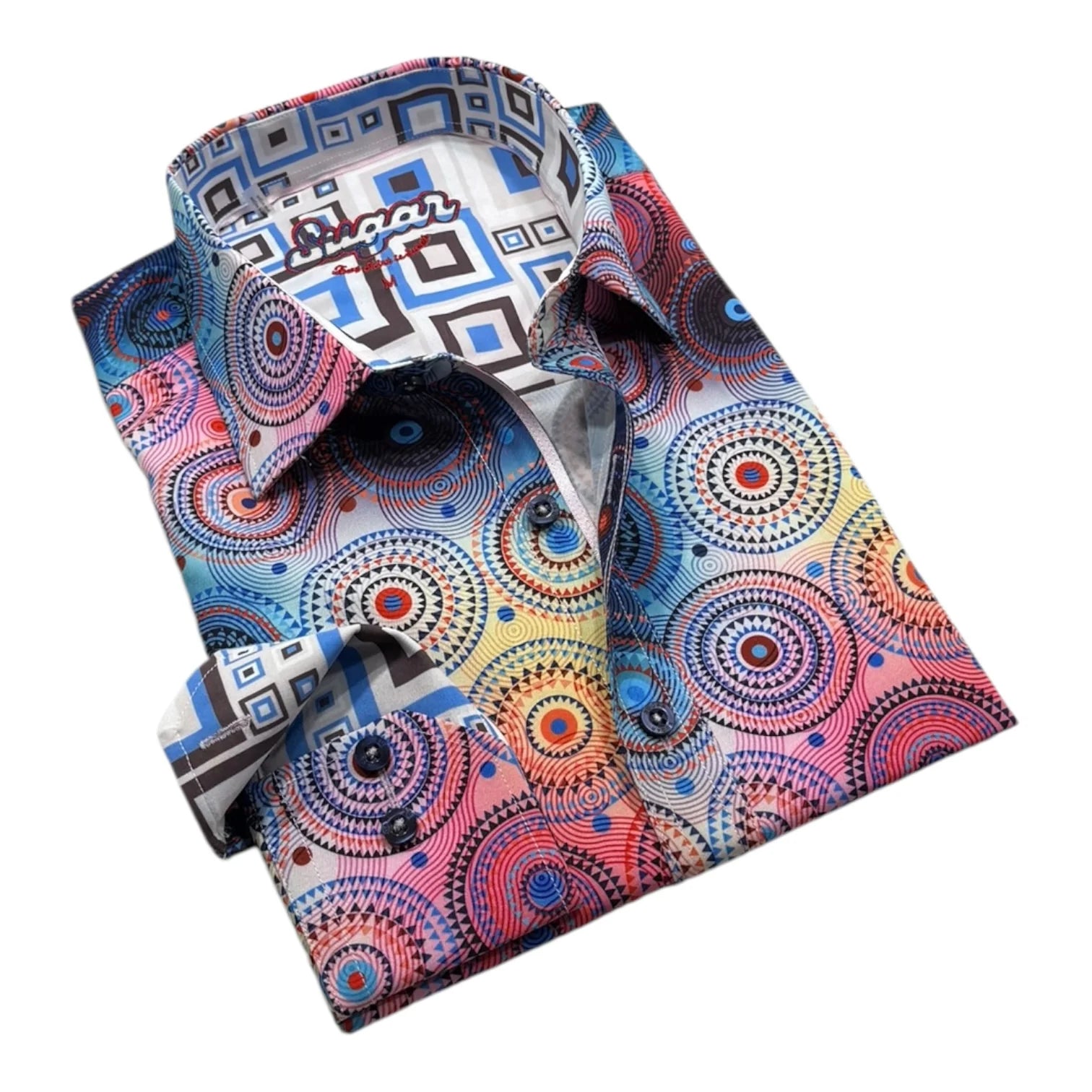 Colorful patterned shirt with a tie on a white background