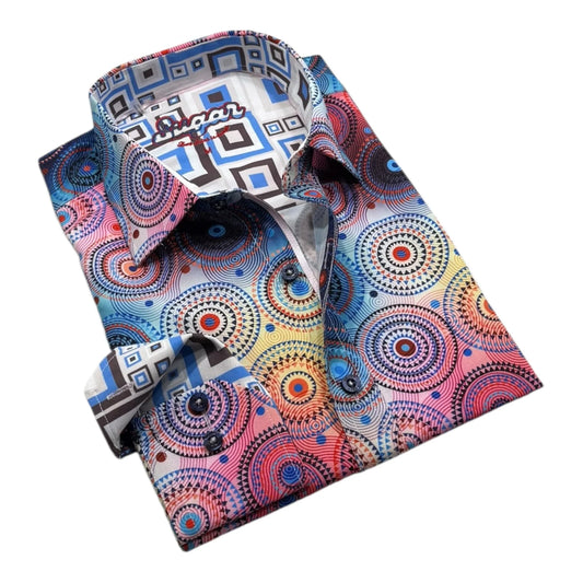 Colorful patterned shirt with a tie on a white background