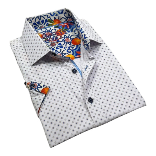 Folded shirt with a patterned collar and cuffs on a white background