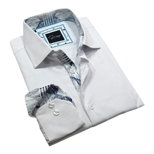 Folded white dress shirt with patterned inner lining on a white background