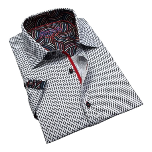 Men's dress shirt with patterned collar and cuffs on a white background
