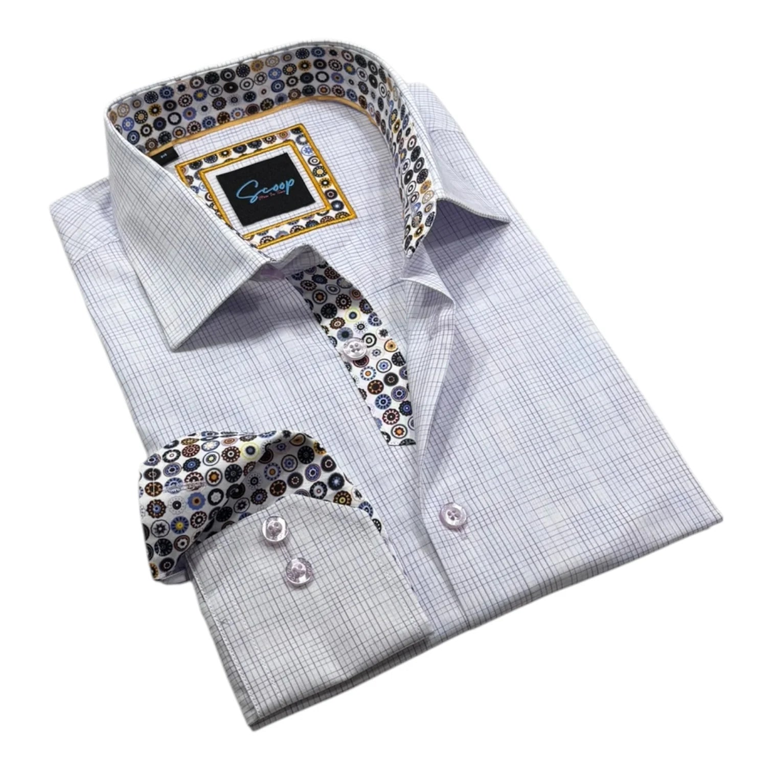 Gray checkered dress shirt with patterned cufflinks on a white background