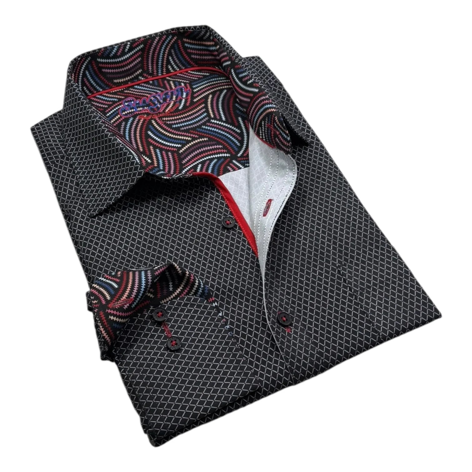 Folded gray dress shirt with patterned collar and pocket square on a white background