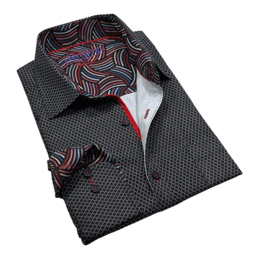 Folded gray dress shirt with patterned collar and pocket square on a white background