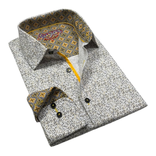 Folded shirt with patterned collar and cuffs on a white background
