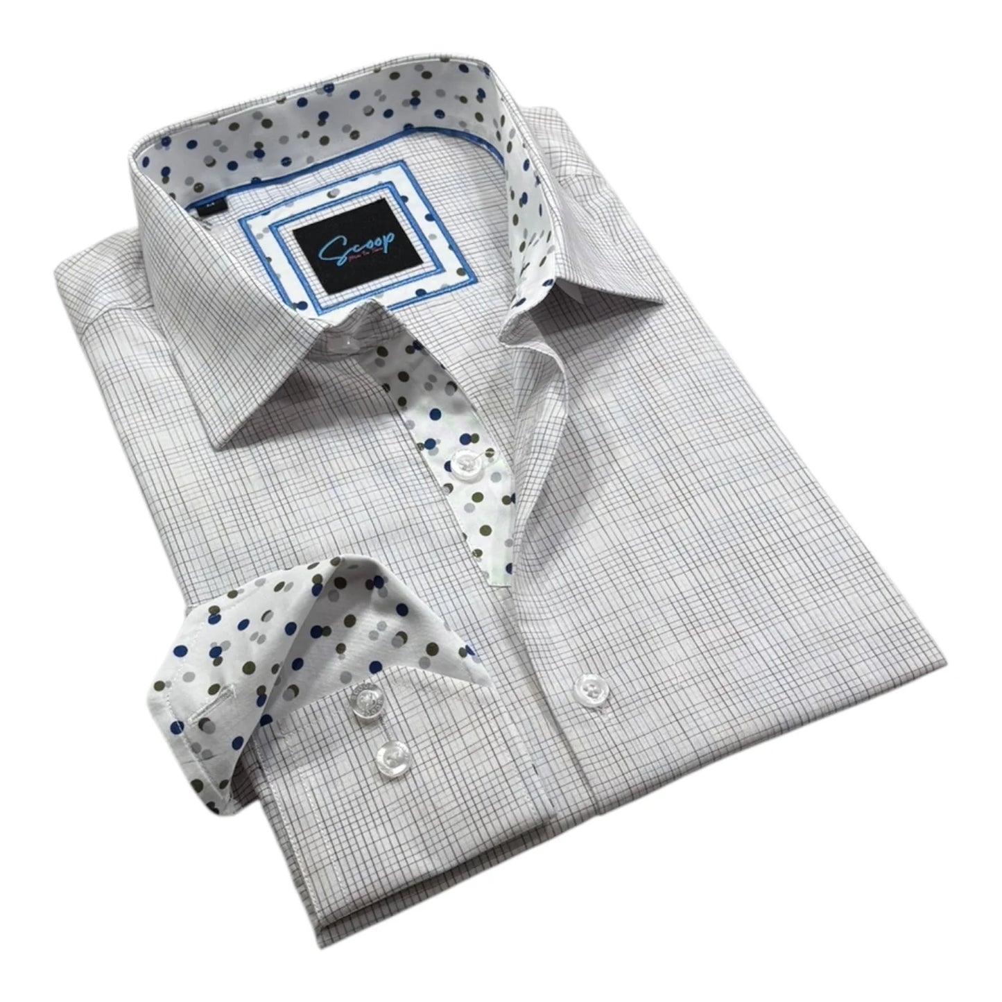 Gray checkered dress shirt with patterned cuffs on a white background